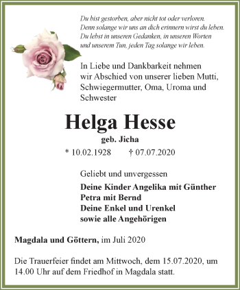 Traueranzeige von Helga Hesse von Thüringer Allgemeine, Thüringische Landeszeitung