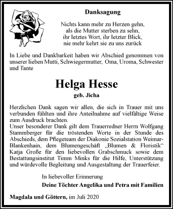 Traueranzeige von Helga Hesse von Thüringer Allgemeine