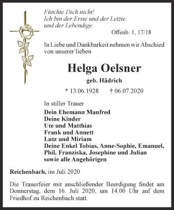 Traueranzeige von Helga Oelsner von Ostthüringer Zeitung