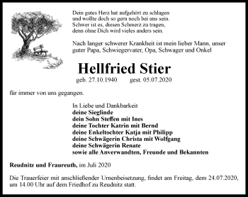 Traueranzeige von Hellfried Stier von Ostthüringer Zeitung