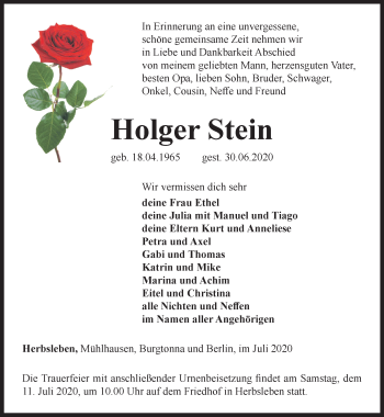 Traueranzeige von Holger Stein von Thüringer Allgemeine, Thüringische Landeszeitung