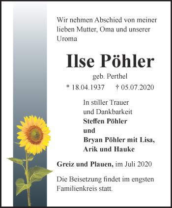 Traueranzeige von Ilse Pöhler von Ostthüringer Zeitung