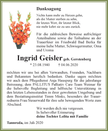 Traueranzeige von Ingrid Geisler von Thüringer Allgemeine, Thüringische Landeszeitung