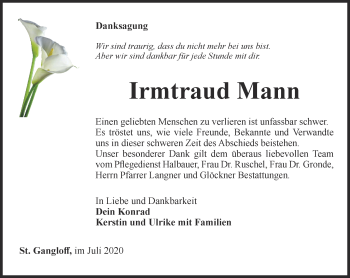 Traueranzeige von Irmtraud Mann von Ostthüringer Zeitung