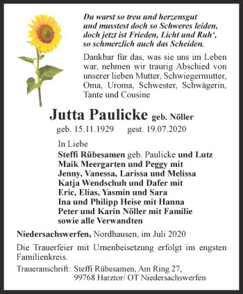 Traueranzeige von Jutta Paulicke von Thüringer Allgemeine