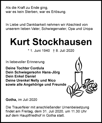 Traueranzeige von Kurt Stockhausen von Ostthüringer Zeitung, Thüringische Landeszeitung