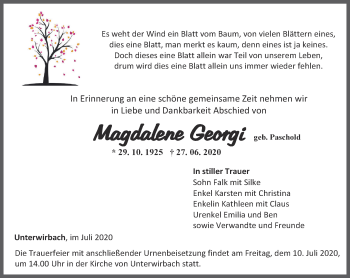 Traueranzeige von Magdalene Georgi von Ostthüringer Zeitung