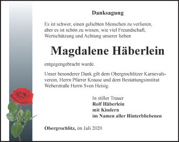 Traueranzeige von Magdalene Häberlein von Ostthüringer Zeitung