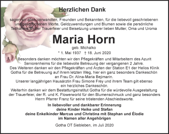 Traueranzeige von Maria Horn von Ostthüringer Zeitung, Thüringische Landeszeitung