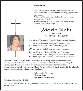 Traueranzeige von Maria Roth von Thüringer Allgemeine