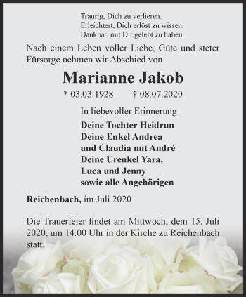 Traueranzeige von Marianne Jakob von Ostthüringer Zeitung