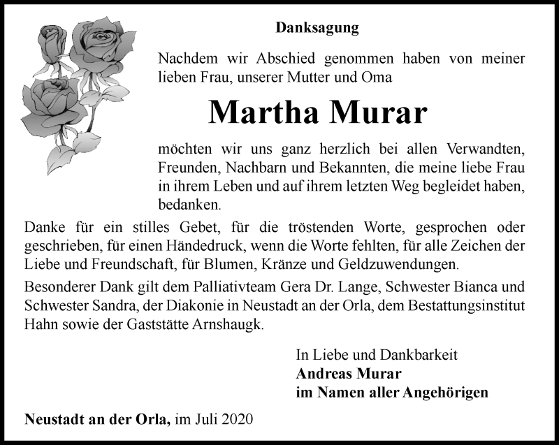  Traueranzeige für Martha Murar vom 11.07.2020 aus Ostthüringer Zeitung