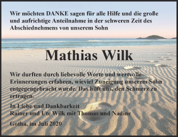 Traueranzeige von Mathias Wilk von Thüringer Allgemeine