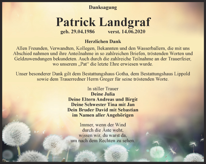  Traueranzeige für Patrick Landgraf vom 29.07.2020 aus Ostthüringer Zeitung