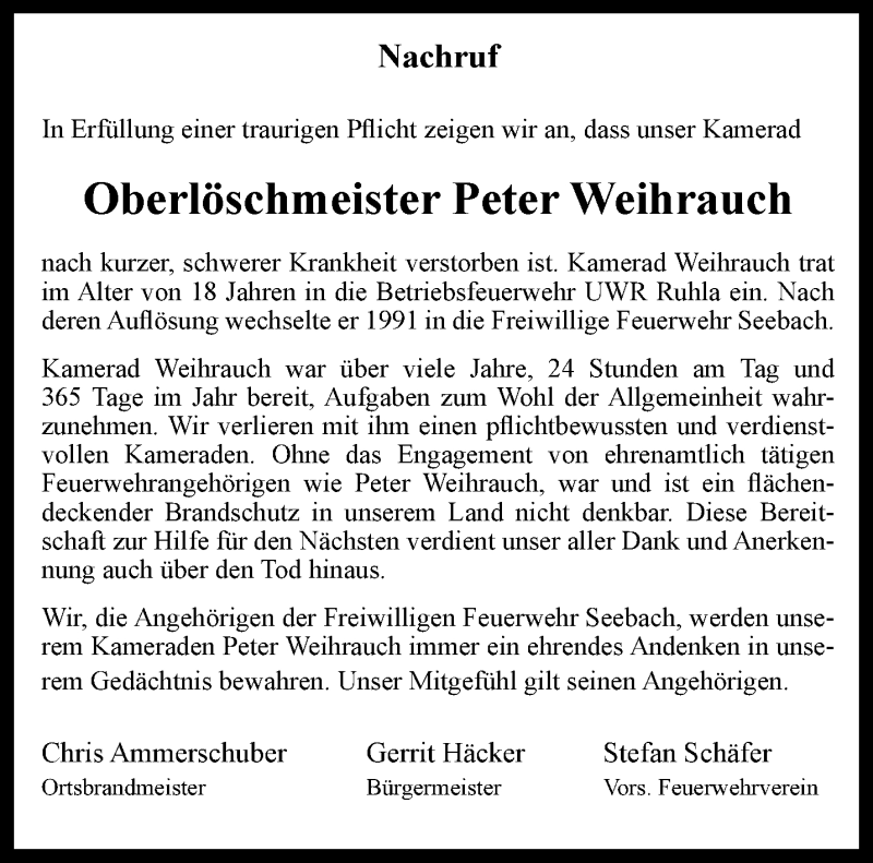  Traueranzeige für Peter Weihrauch vom 22.07.2020 aus Thüringer Allgemeine, Thüringische Landeszeitung