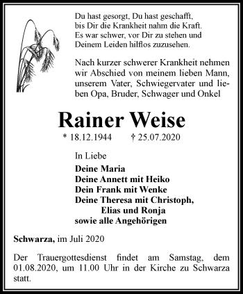 Traueranzeige von Rainer Weise von Thüringer Allgemeine, Thüringische Landeszeitung