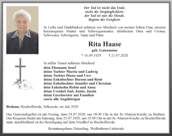 Traueranzeige von Rita Haase von Thüringer Allgemeine