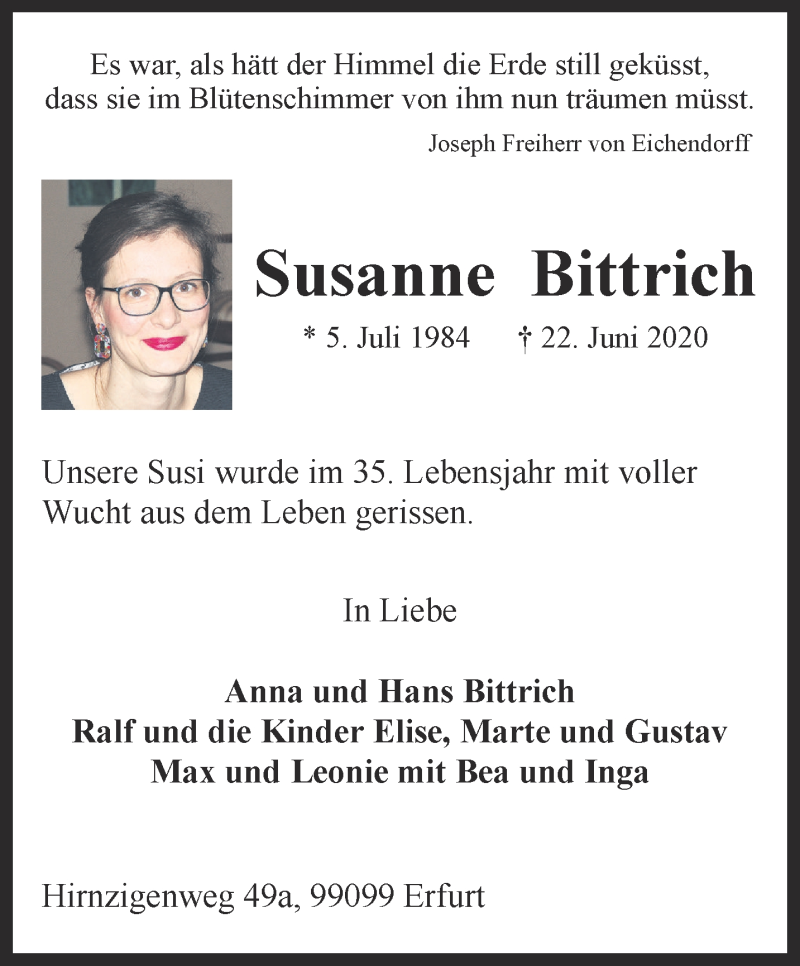  Traueranzeige für Susanne Bittrich vom 04.07.2020 aus Thüringer Allgemeine, Thüringische Landeszeitung