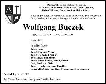 Traueranzeige von Wolfgang Buczek von Ostthüringer Zeitung