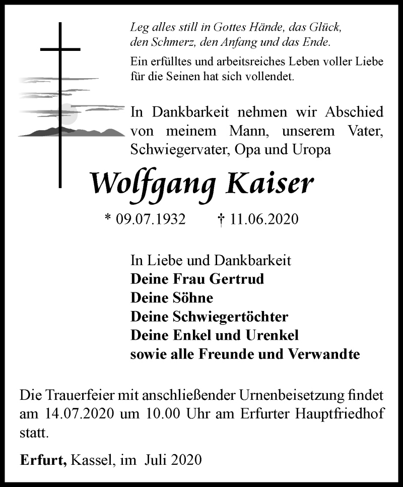  Traueranzeige für Wolfgang Kaiser vom 04.07.2020 aus Thüringer Allgemeine, Thüringische Landeszeitung
