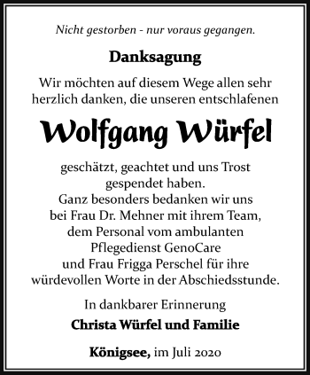 Traueranzeige von Wolfgang Würfel von Thüringer Allgemeine