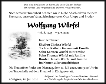 Traueranzeige von Wolfgang Würfel von Ostthüringer Zeitung