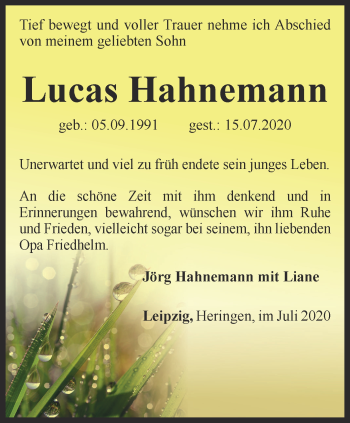 Traueranzeige von Lucas Hahnemann von Thüringer Allgemeine