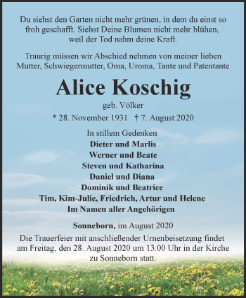 Traueranzeige von Alice Koschig von Thüringer Allgemeine, Thüringische Landeszeitung