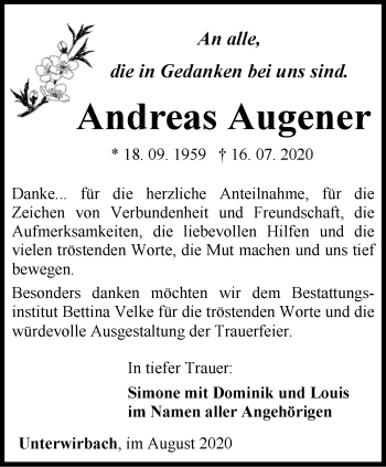 Traueranzeige von Andreas Augener von Ostthüringer Zeitung