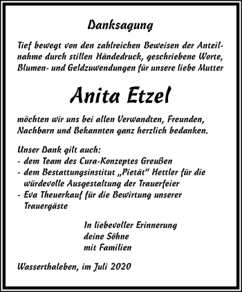 Traueranzeige von Anita Etzet von Thüringer Allgemeine