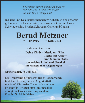 Traueranzeige von Bernd Metzner von Thüringer Allgemeine, Thüringische Landeszeitung