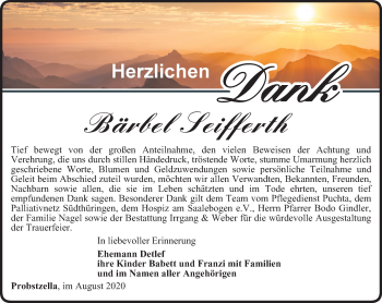 Traueranzeige von Bärbel Seifferth von Ostthüringer Zeitung