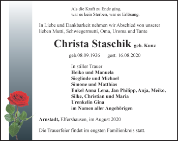 Traueranzeige von Christa Staschik von Thüringer Allgemeine