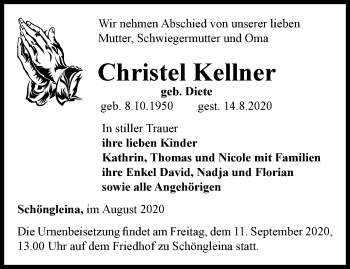 Traueranzeige von Christel Kellner von Ostthüringer Zeitung