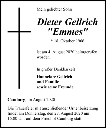 Traueranzeige von Dieter Gellrich von Ostthüringer Zeitung, Thüringische Landeszeitung