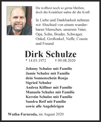 Traueranzeige von Dirk Schulze von Thüringer Allgemeine, Thüringische Landeszeitung