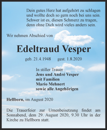 Traueranzeige von Edeltraud Vesper von Ostthüringer Zeitung
