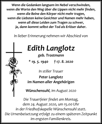 Traueranzeige von Edith Langlotz von Thüringer Allgemeine, Thüringische Landeszeitung