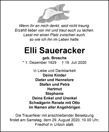 Traueranzeige von Elli Saueracker von Thüringer Allgemeine, Thüringische Landeszeitung