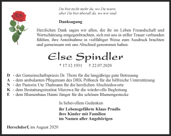 Traueranzeige von Else Spindler von Ostthüringer Zeitung