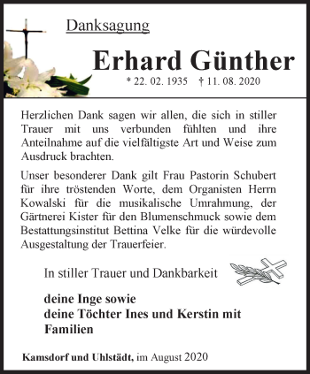 Traueranzeige von Erhard Günther von Ostthüringer Zeitung