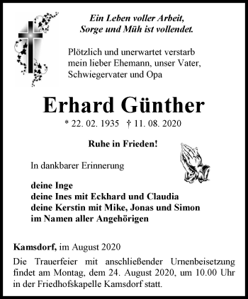 Traueranzeige von Erhard Günther von Ostthüringer Zeitung