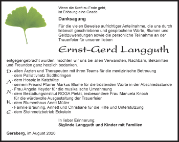 Traueranzeige von Ernst-Gerd Langguth von Thüringer Allgemeine