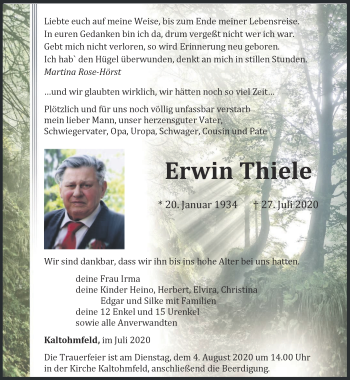 Traueranzeige von Erwin Thiele von Thüringer Allgemeine