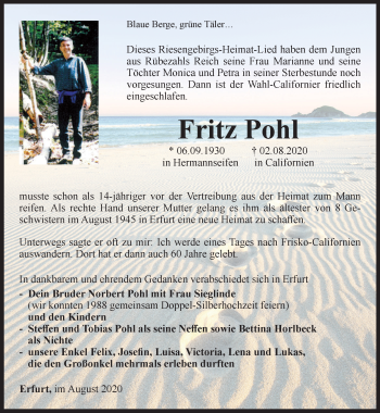 Traueranzeige von Fritz Pohl von Thüringer Allgemeine, Thüringische Landeszeitung