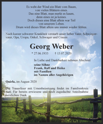 Traueranzeige von Georg Weber von Ostthüringer Zeitung