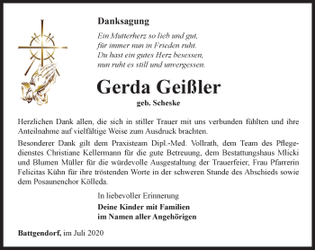 Traueranzeige von Gerda Geißler von Thüringer Allgemeine