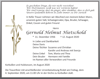 Traueranzeige von Gernold Helmut Hietschold von Ostthüringer Zeitung