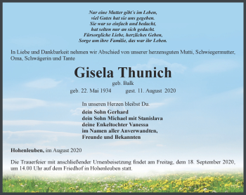 Traueranzeige von Gisela Thunich von Ostthüringer Zeitung