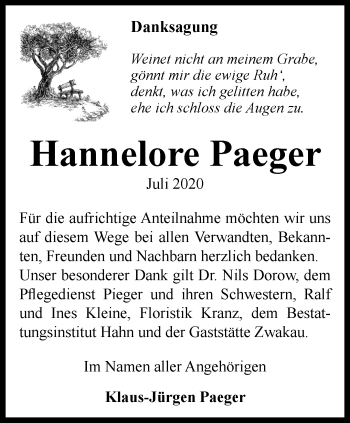 Traueranzeige von Hannelore Paeger